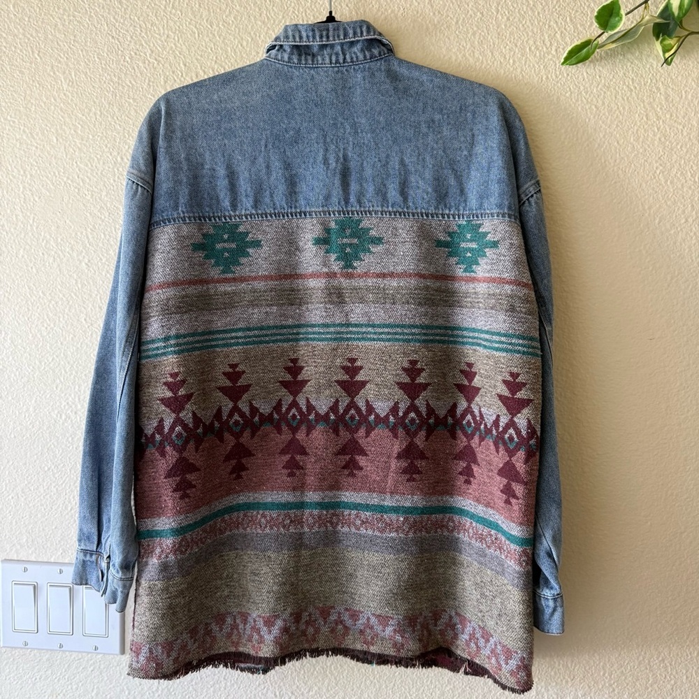 Denim & Aztec Pattern Oversized Patchwork Jacket … - image 2